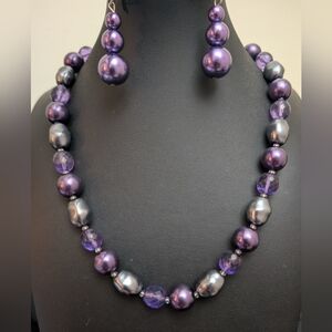 #62. Vintage Joan Rivers Purple Baroque Pearl Necklace With Vintage Earrings